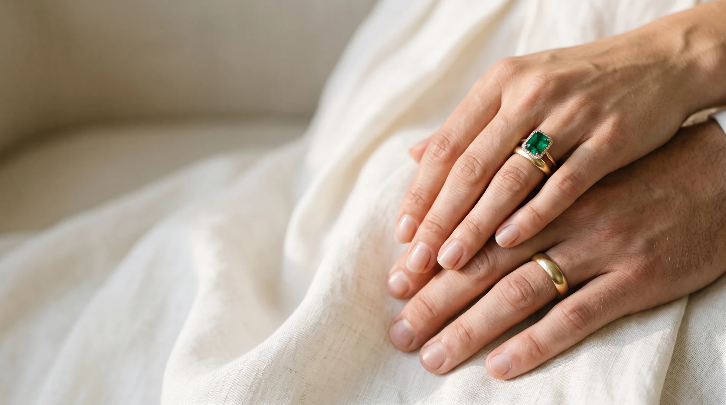 Manos de una pareja con anillo de compromiso de esmeralda y argollas de oro