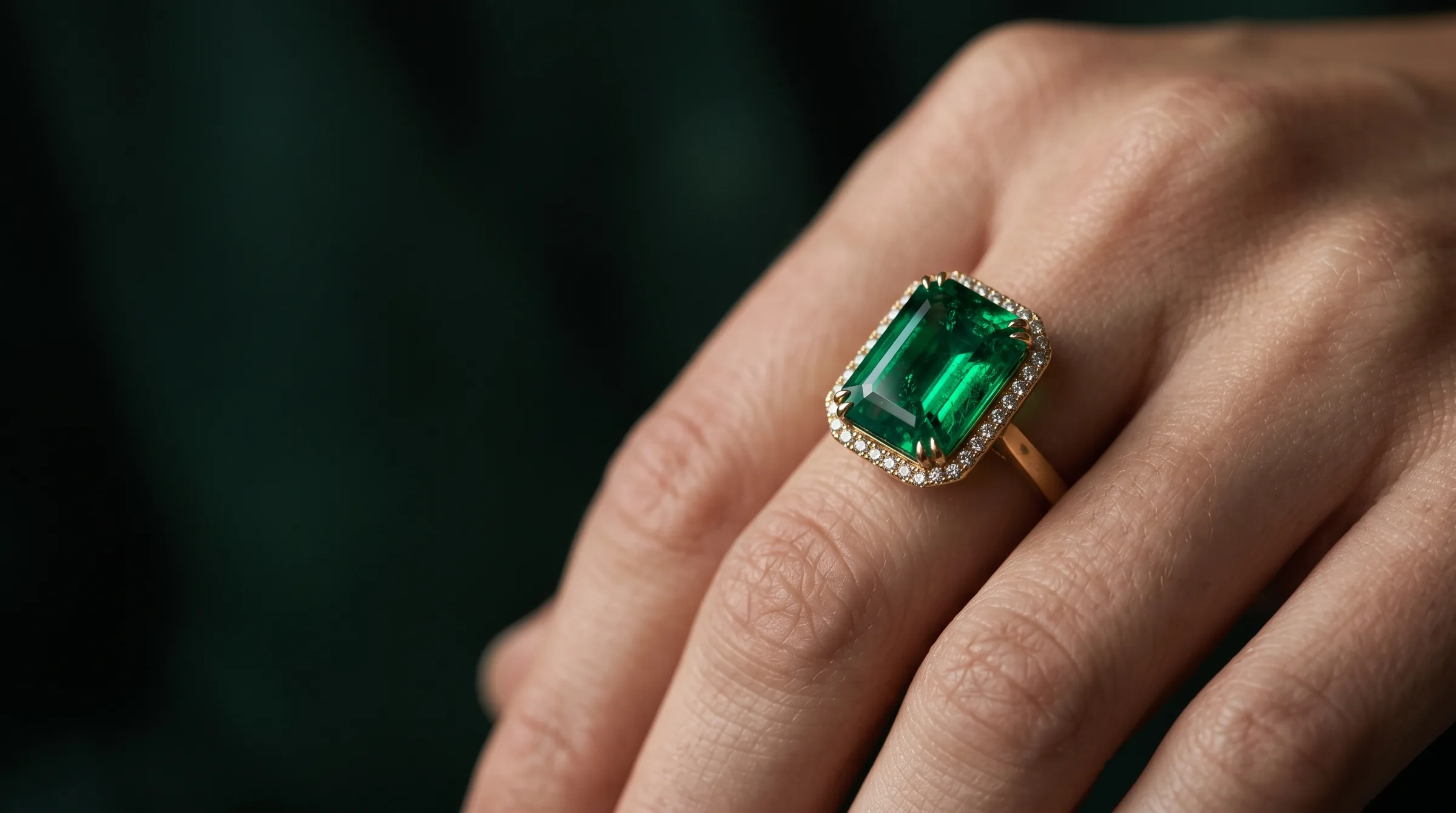 Anillo de oro con esmeralda colombiana talla esmeralda y halo de diamantes