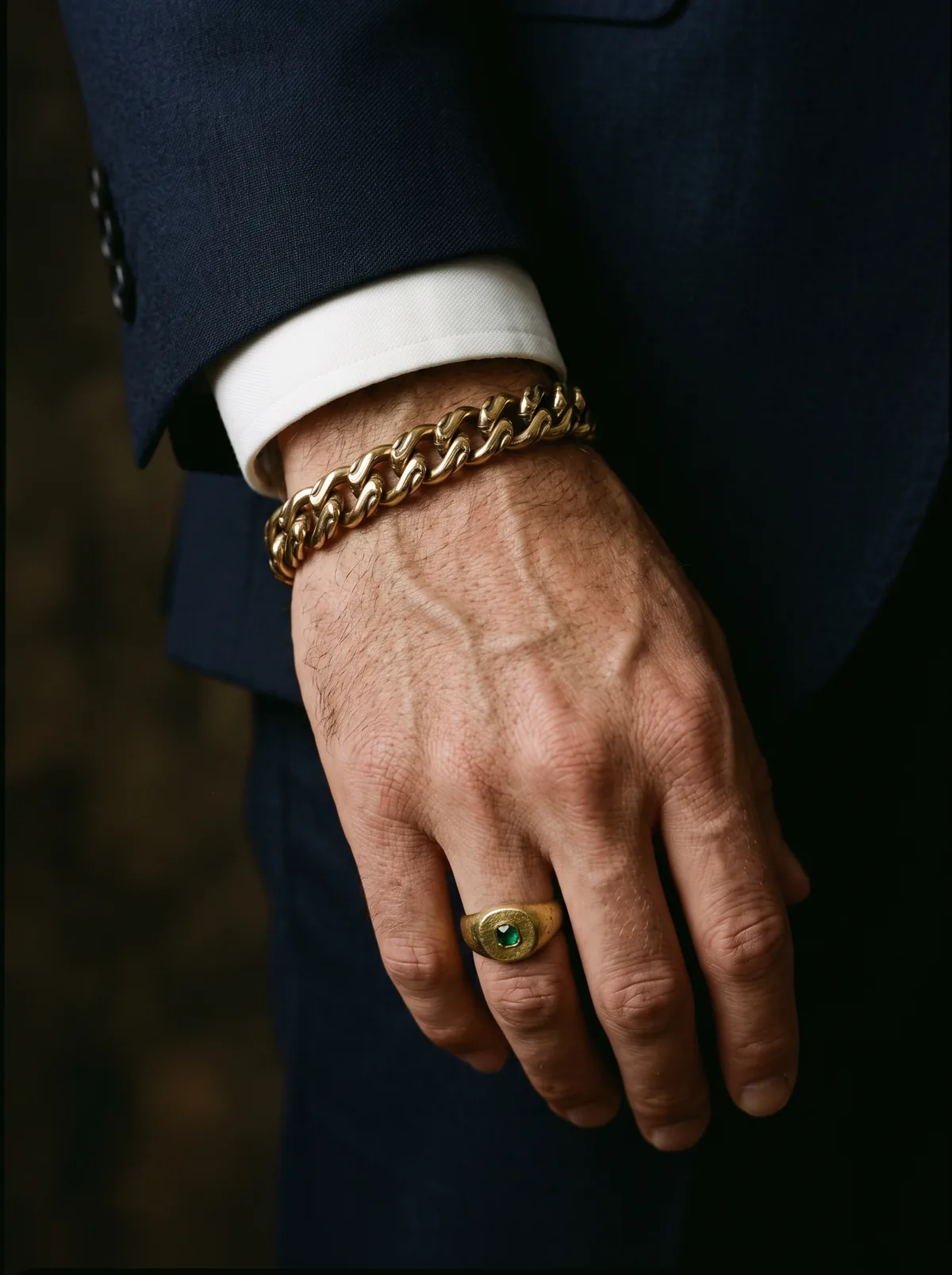 Mano de hombre con pulsera de oro y anillo de sello con esmeralda