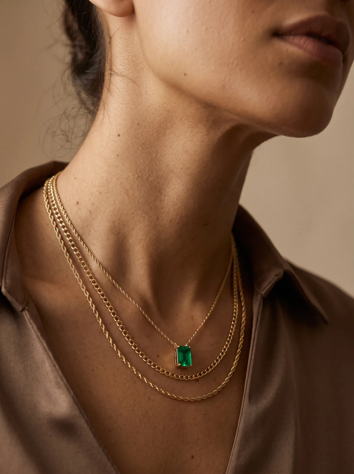 Mujer con cadenas finas de oro y un dije de esmeralda