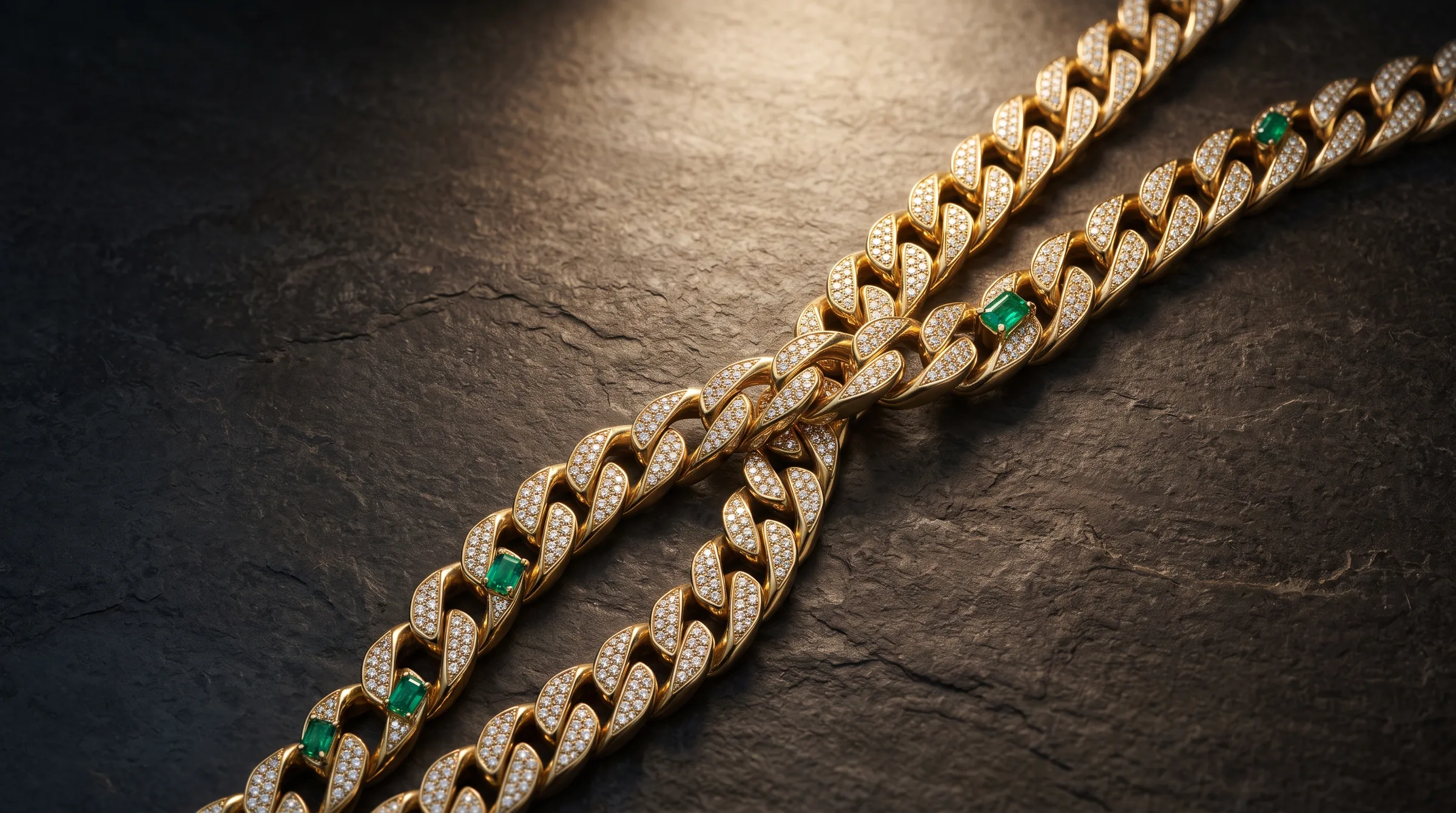 Cadenas de eslabón cubano en oro con pavé de diamantes y esmeraldas colombianas