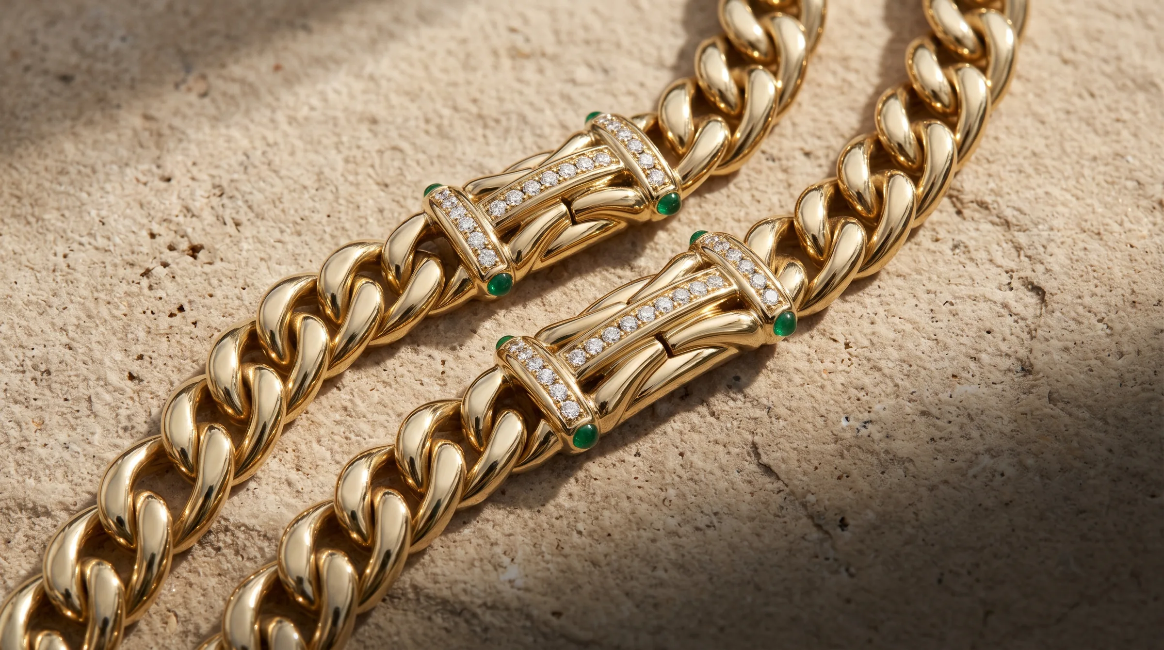 Pulseras de eslabón cubano en oro de 18k con broche de diamantes y esmeraldas colombianas
